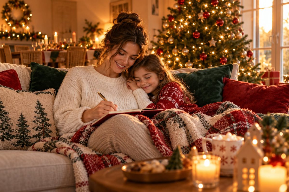 Carnet de rétroplanning du repas de Noël ouvert sur la table de la cuisine