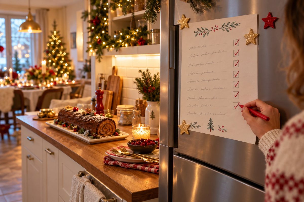 Rétroplanning du repas de Noël affiché sur le frigo de la cuisine