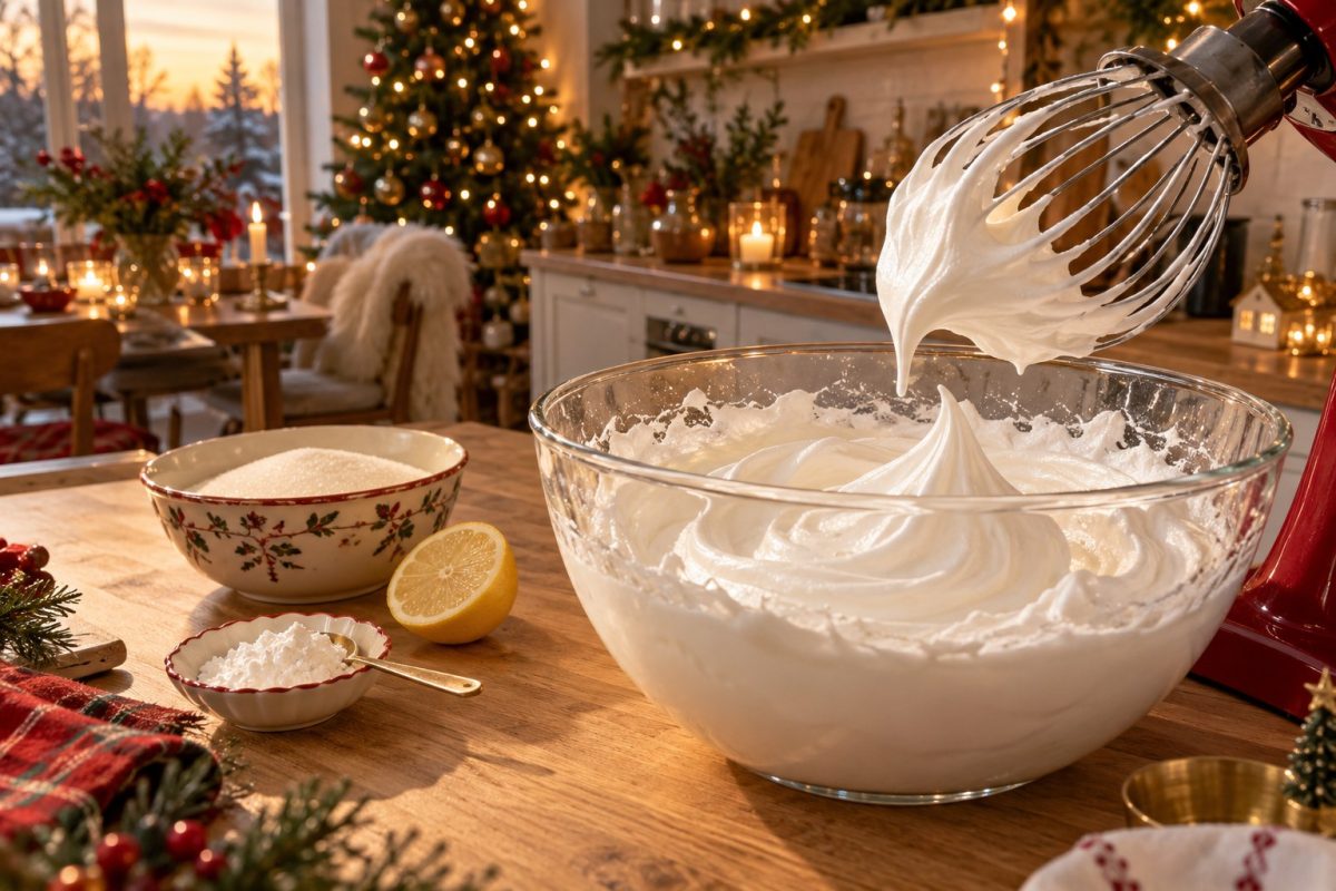 Blancs d'œufs montés en meringue ferme et brillante dans un saladier