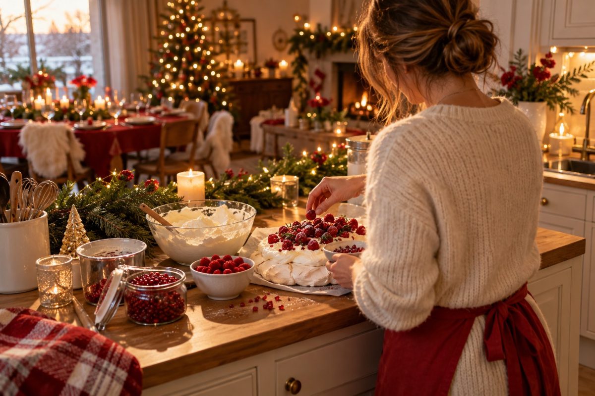 Pavlova de Noël en préparation sur le plan de travail le jour J