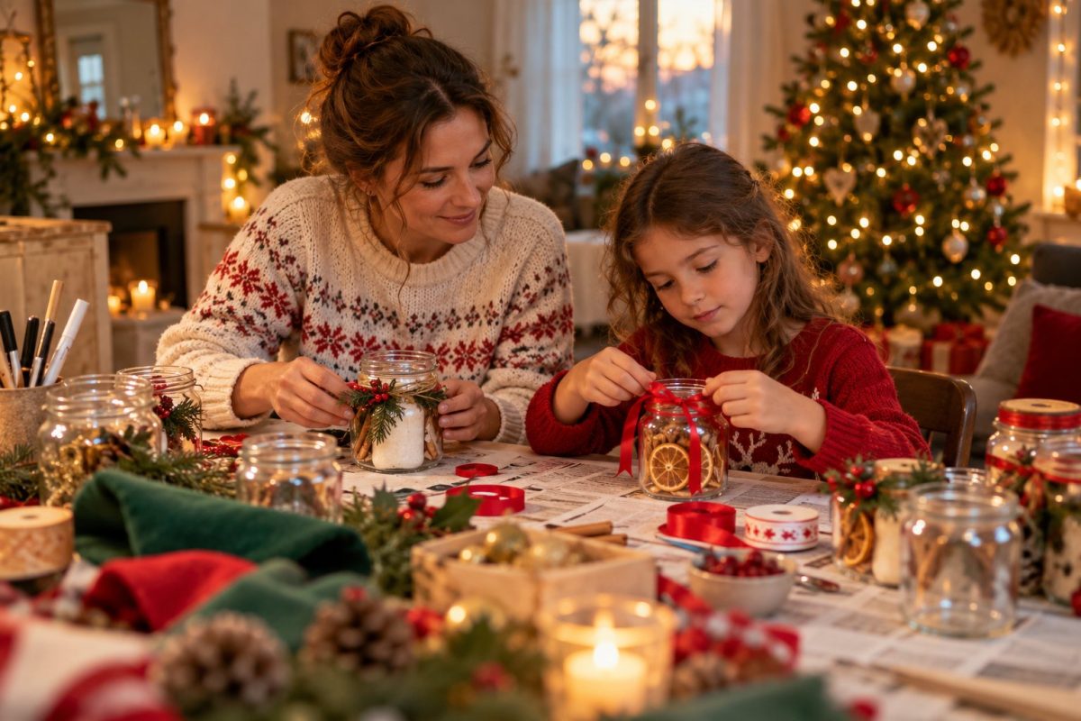 Mère et enfant qui préparent des cadeaux de Noël faits maison sur la table