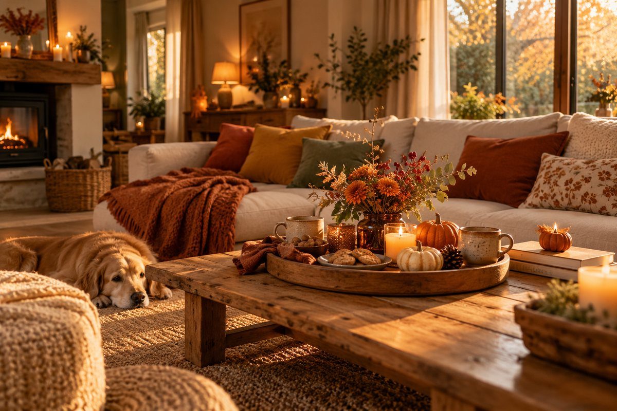 Table basse d'automne dans un salon cosy
