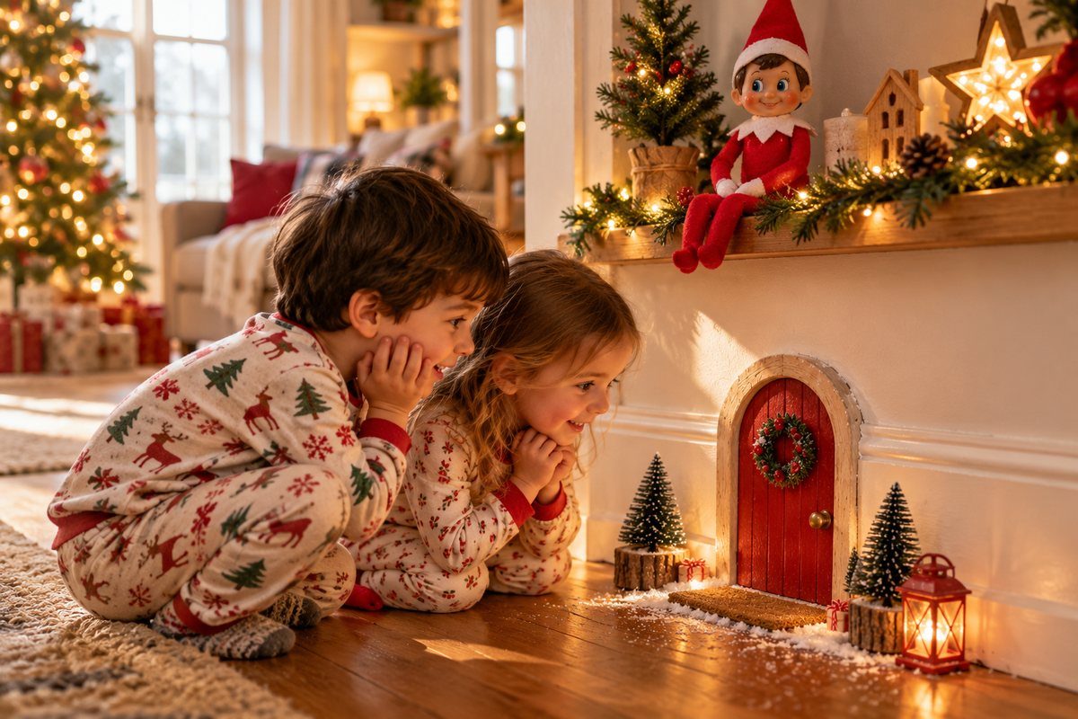 Enfants qui découvrent la porte du lutin farceur