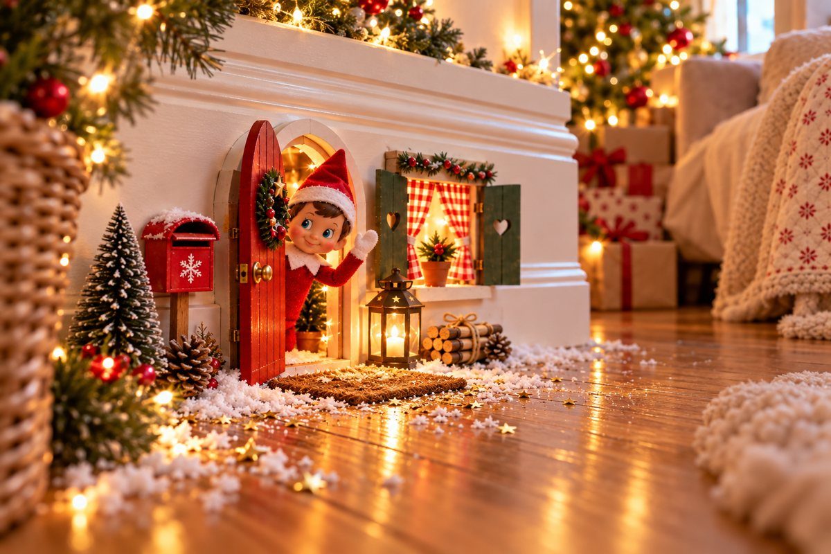 Porte magique du lutin farceur décorée pour Noël