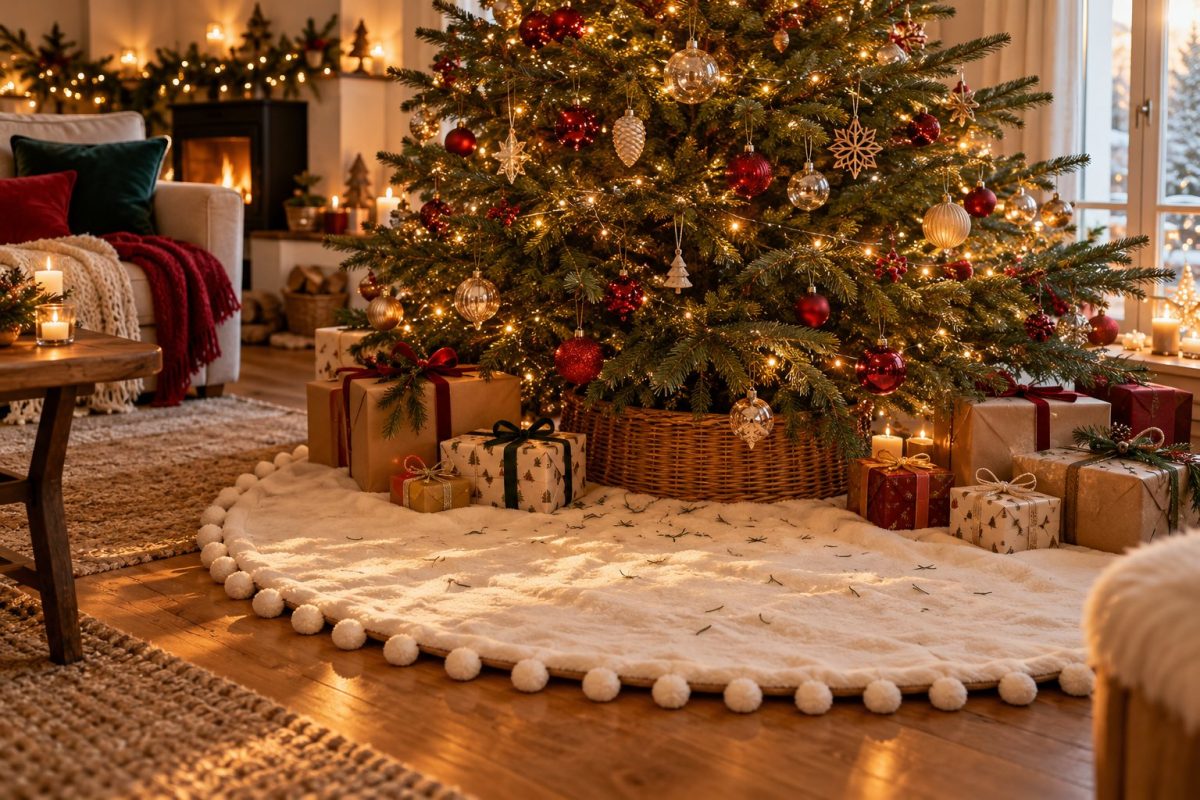 Poser un tapis de protection au pied du sapin