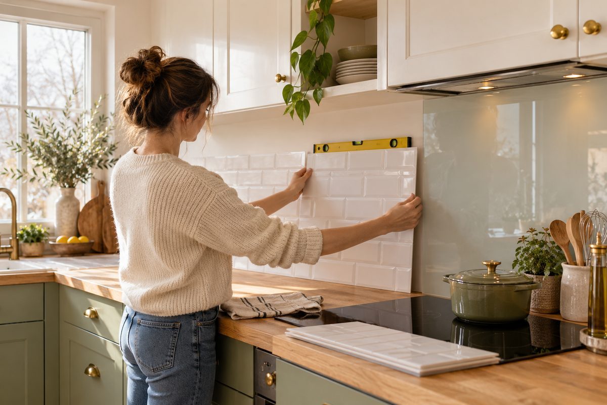 Pose d'une crédence adhésive blanche à effet carrelage entre plan de travail et meubles hauts