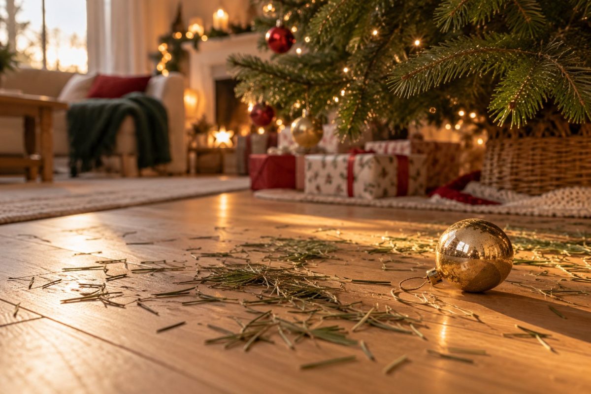 Aiguilles de sapin tombées sur un parquet