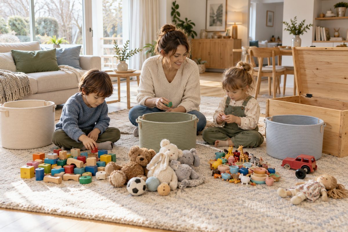 Maman et enfants qui trient les jouets en trois tas sur un tapis de salon