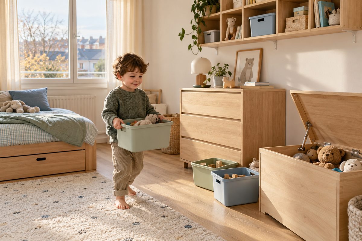 Chambre d'enfant sécurisée avec meubles fixés au mur et bacs légers