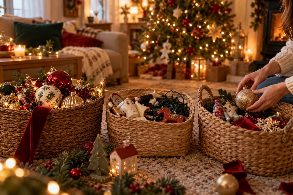 Décorations de Noël triées par catégorie sur une table