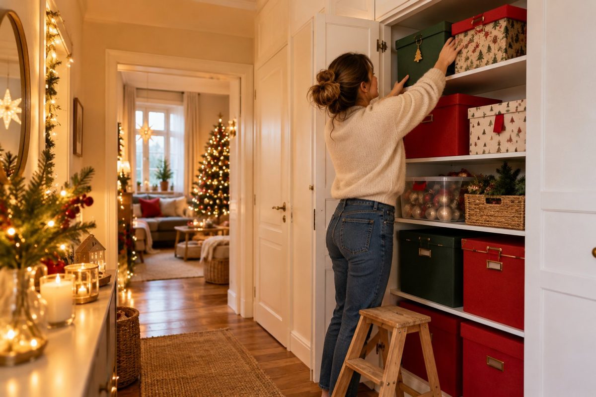 Placard avec les boîtes de décorations de Noël bien rangées