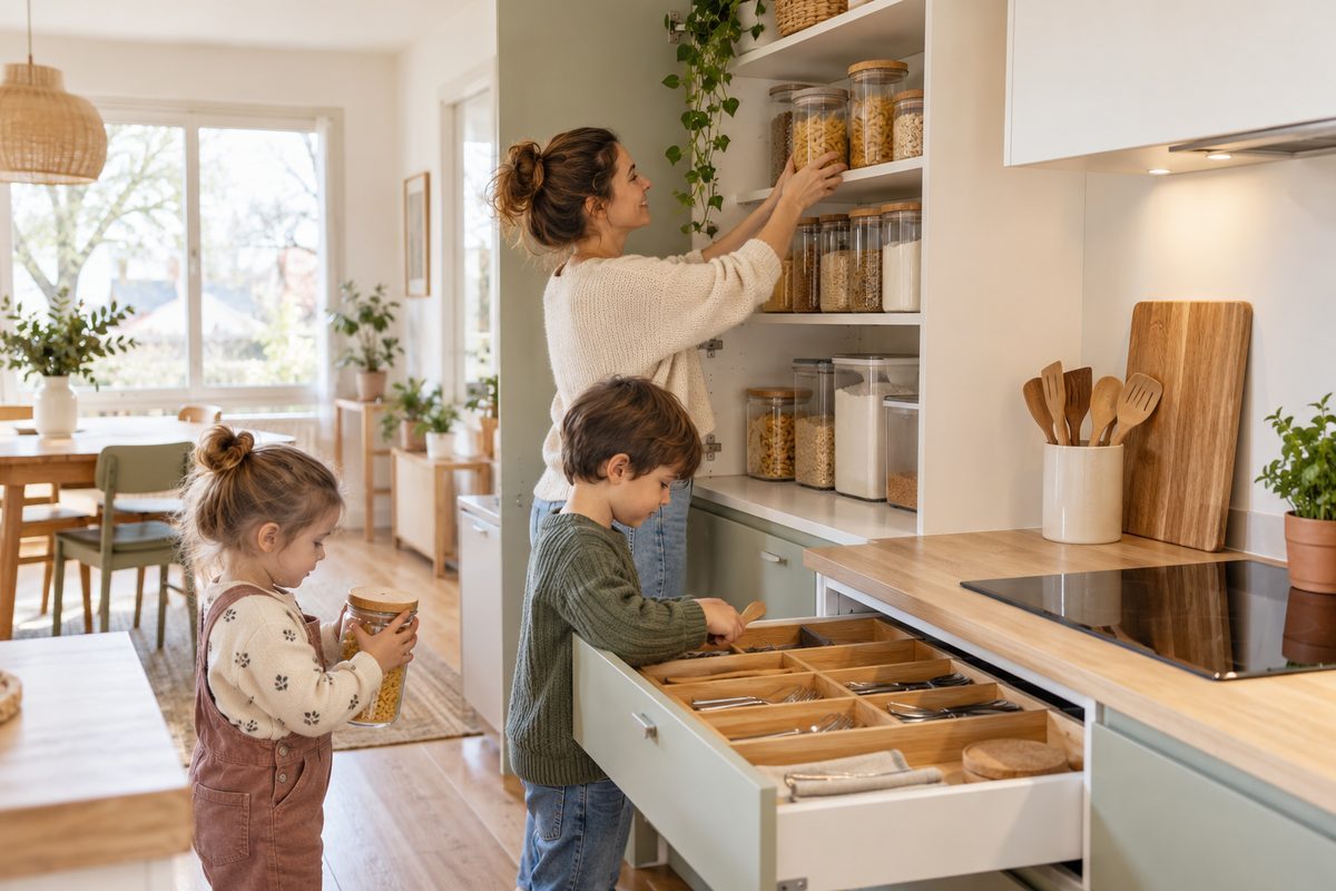 Cuisine familiale rangée par zones avec boîtes transparentes