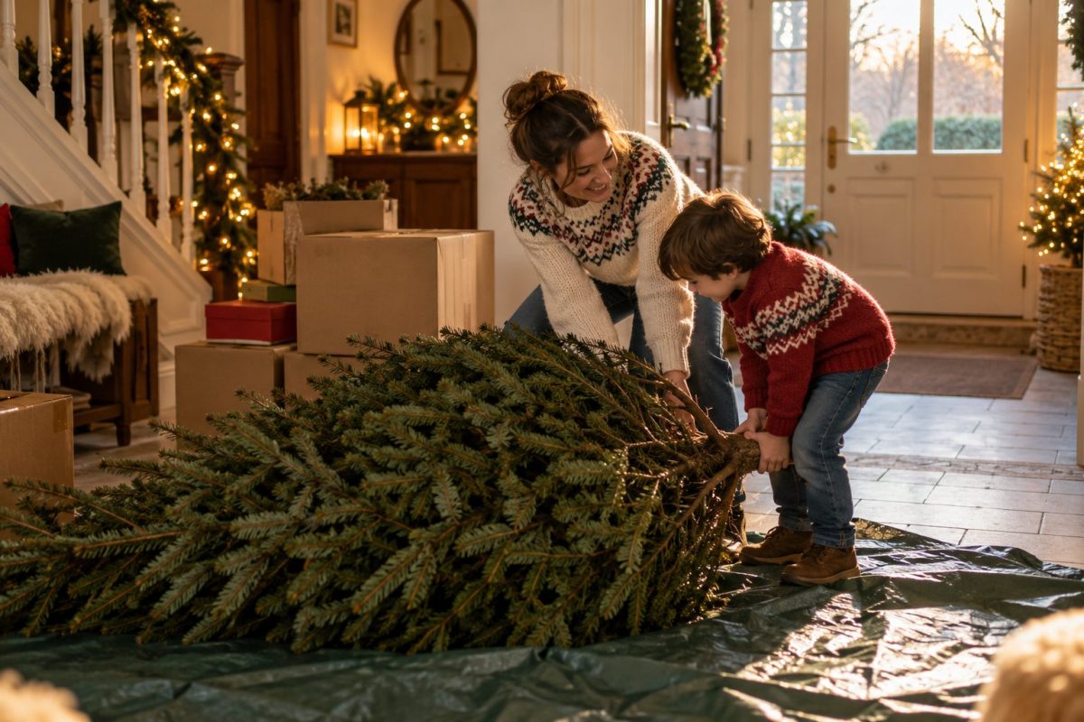 Famille qui retire les dernières décorations du sapin après Noël