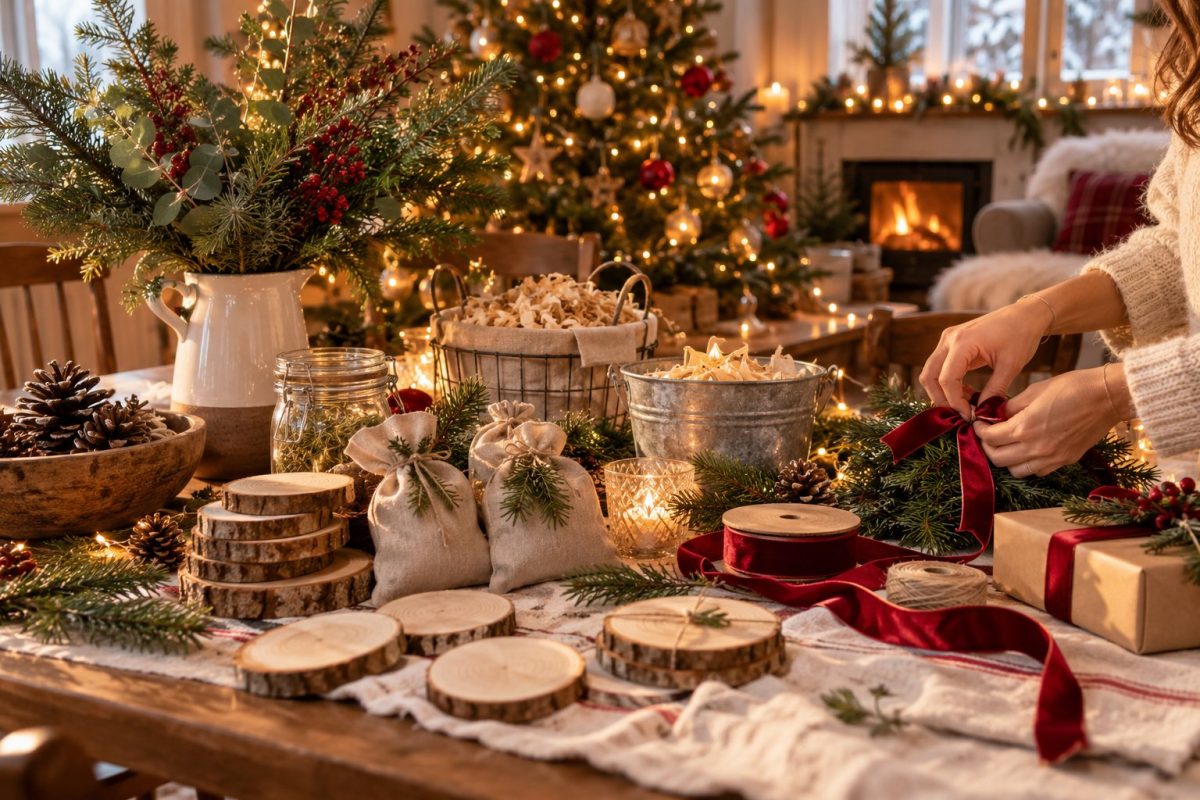 Branches, rondelles de bois et sachets d'aiguilles issus du sapin de Noël
