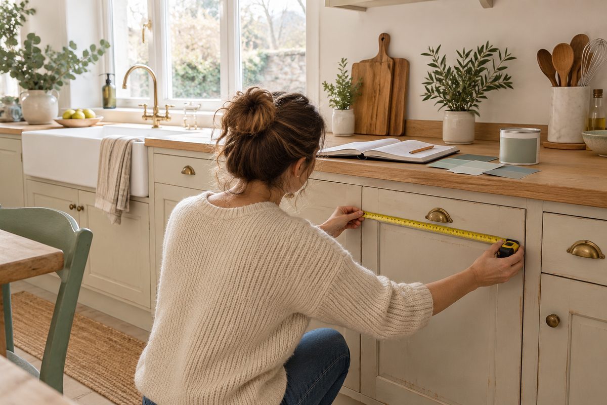 Maman qui mesure les portes de ses meubles de cuisine avec un mètre ruban avant le relooking