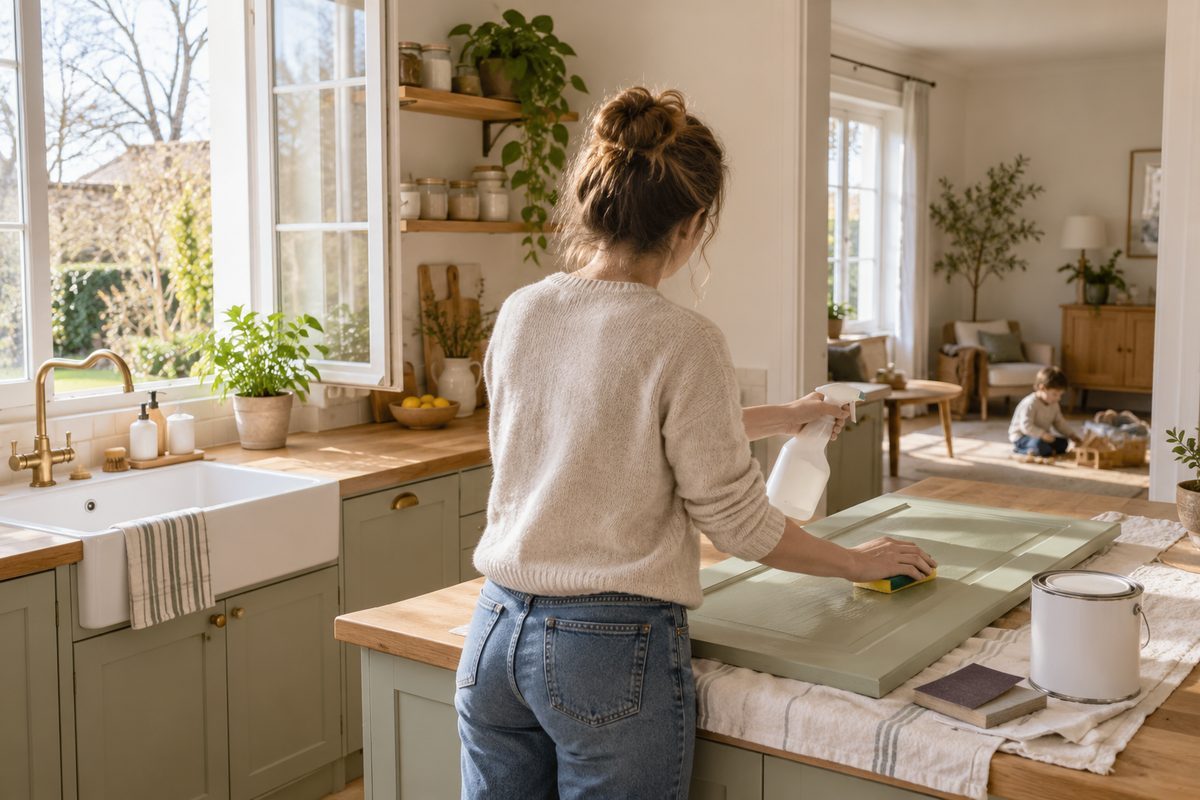 Maman qui dégraisse une porte de meuble de cuisine avant peinture, fenêtre ouverte
