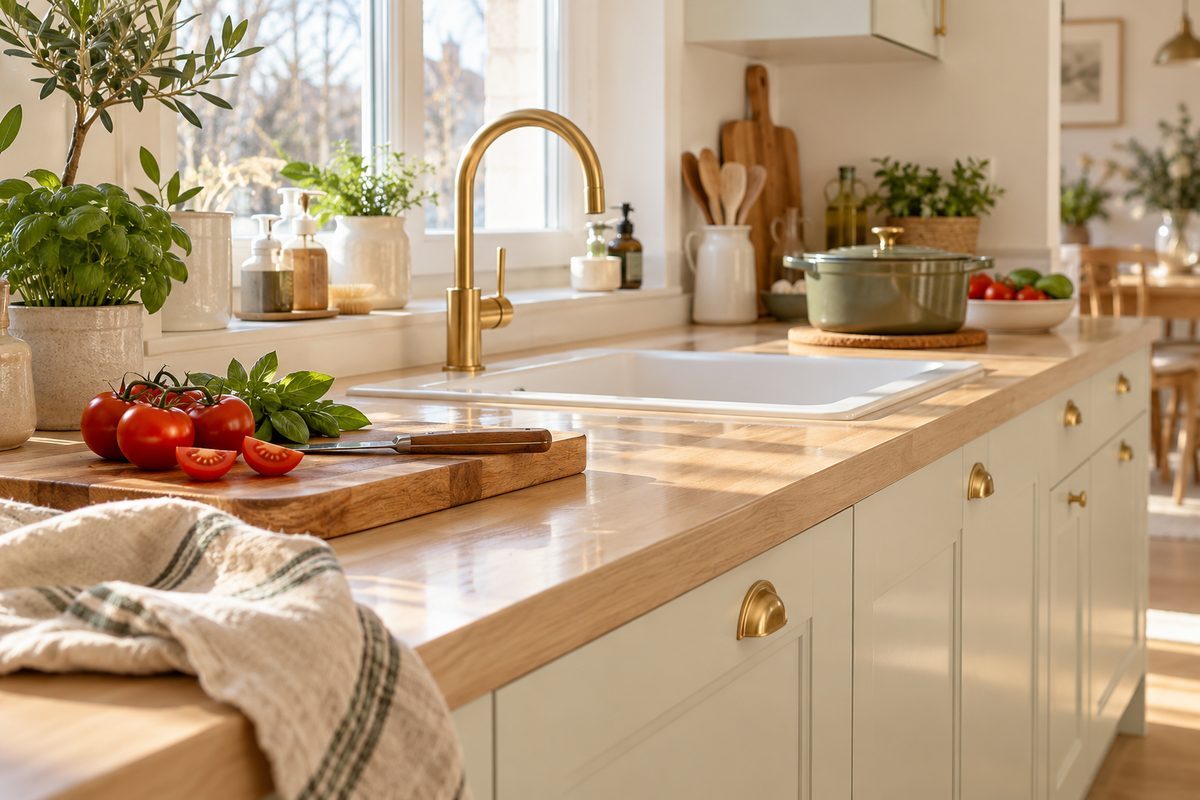 Plan de travail de cuisine rénové à effet bois clair avec planche à découper et dessous de plat
