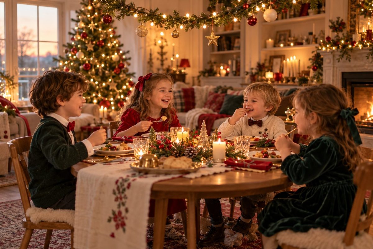 Enfants assis à leur table de Noël pendant le repas