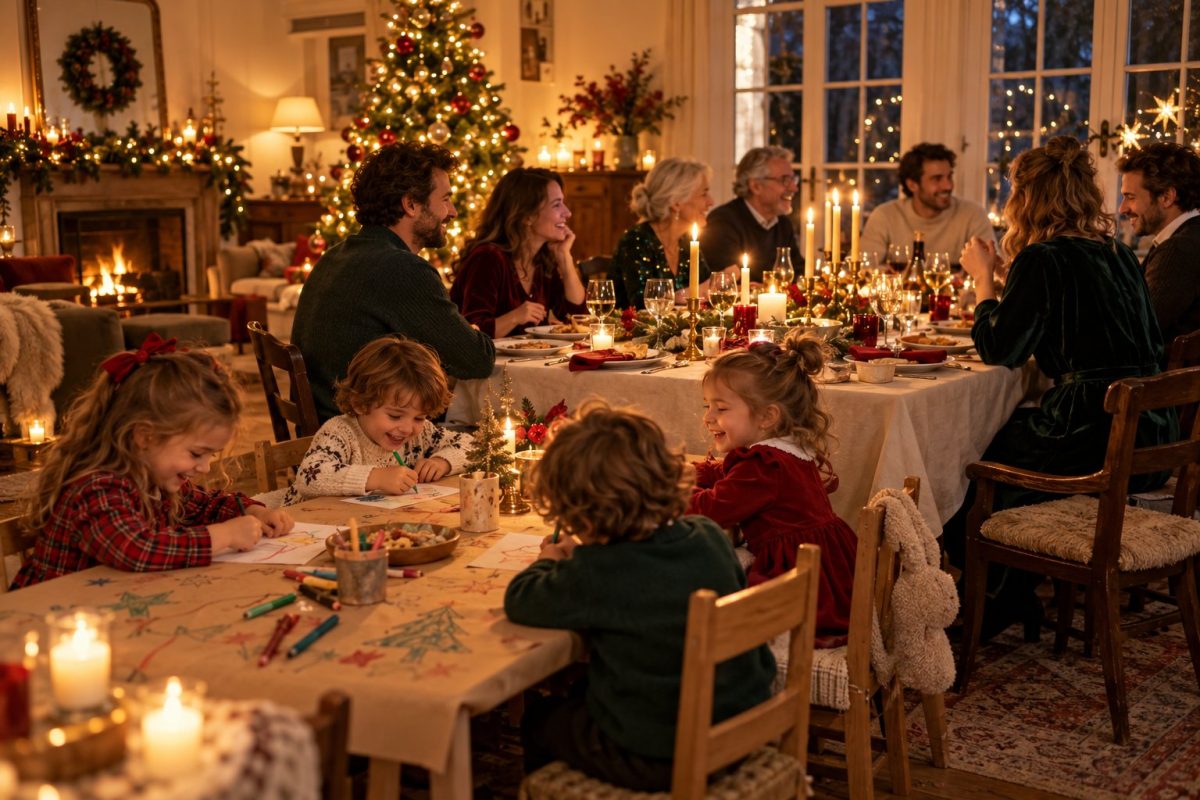 Famille réunie autour du repas de Noël avec les enfants