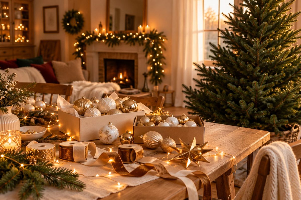 Boules blanches et dorées prêtes pour décorer le sapin