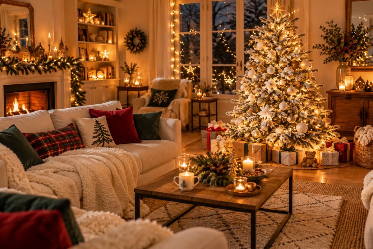 Sapin de Noël blanc et doré allumé le soir