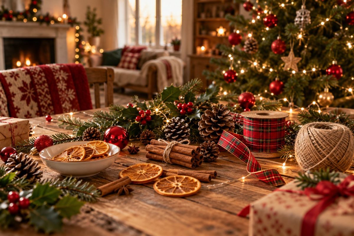 Éléments naturels et rubans rouges pour décorer le sapin