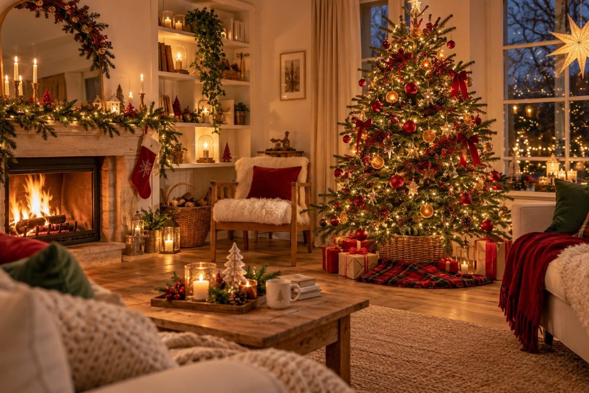 Sapin de Noël rouge et naturel allumé dans un salon cosy