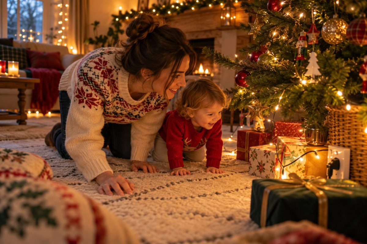 Maman à quatre pattes qui vérifie la déco de Noël à hauteur d'enfant