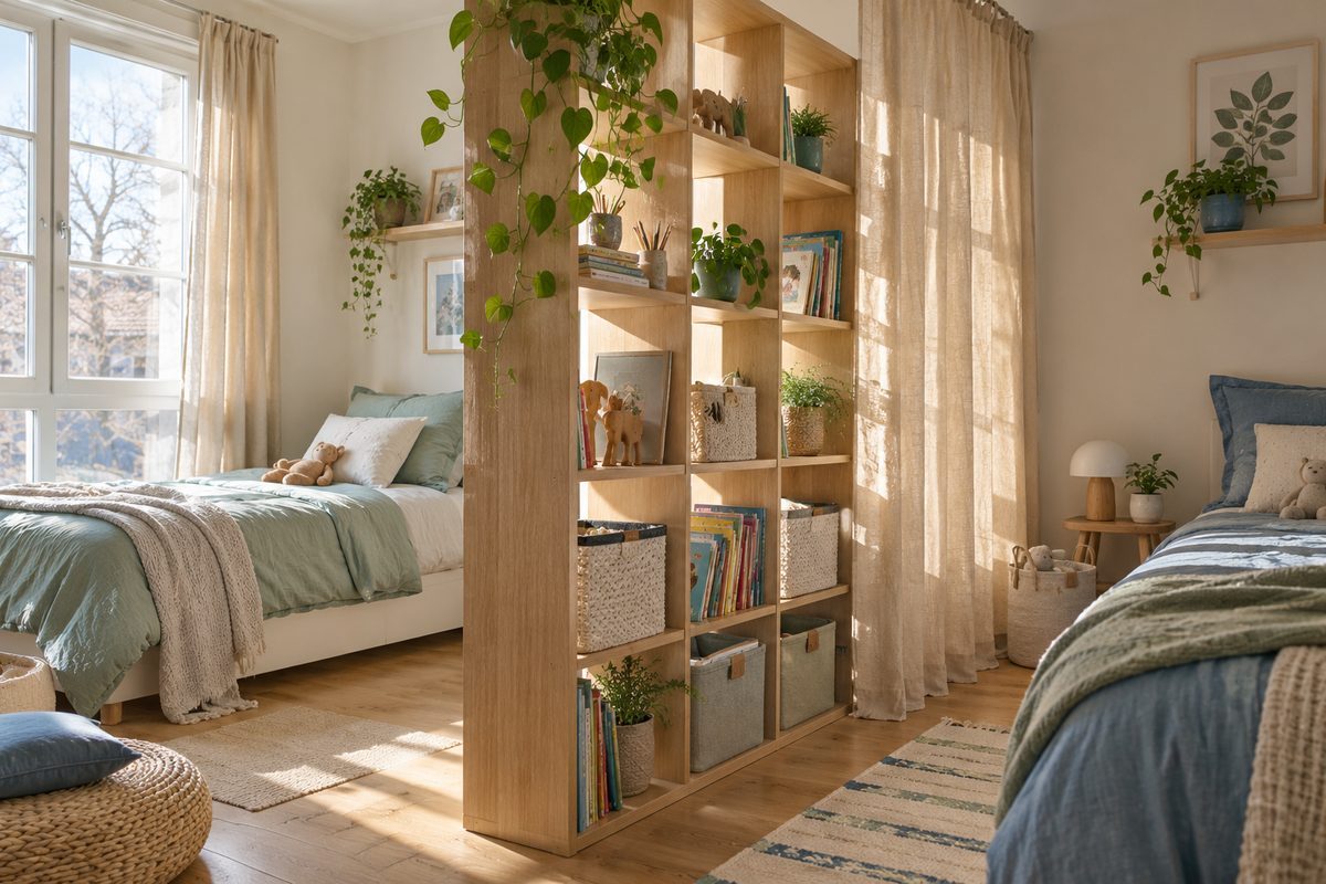 Étagère ouverte à cubes qui sépare deux coins dans une chambre partagée