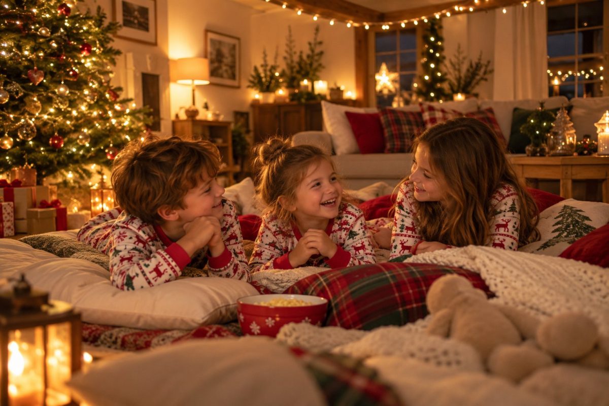 Enfants en pyjama de Noël installés dans le salon pour la soirée