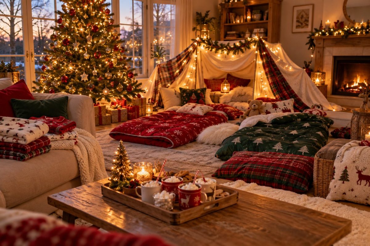 Salon prêt pour une soirée pyjama de Noël avec cabane et chocolat chaud