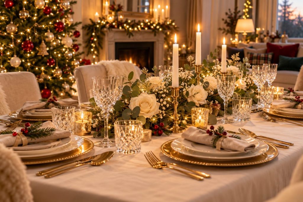 Table de Noël blanc et or : 12 idées étonnantes, chic et lumineuses