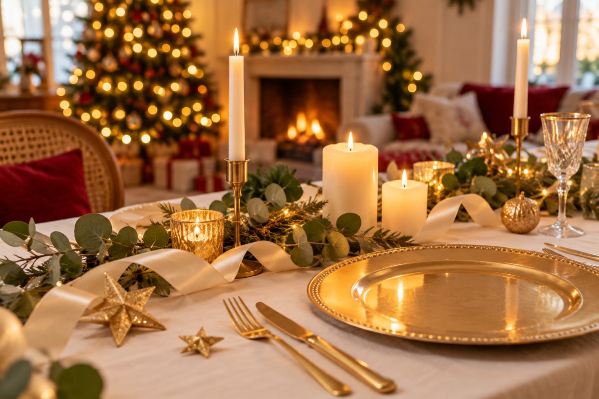Éléments d'une table de Noël blanc et or