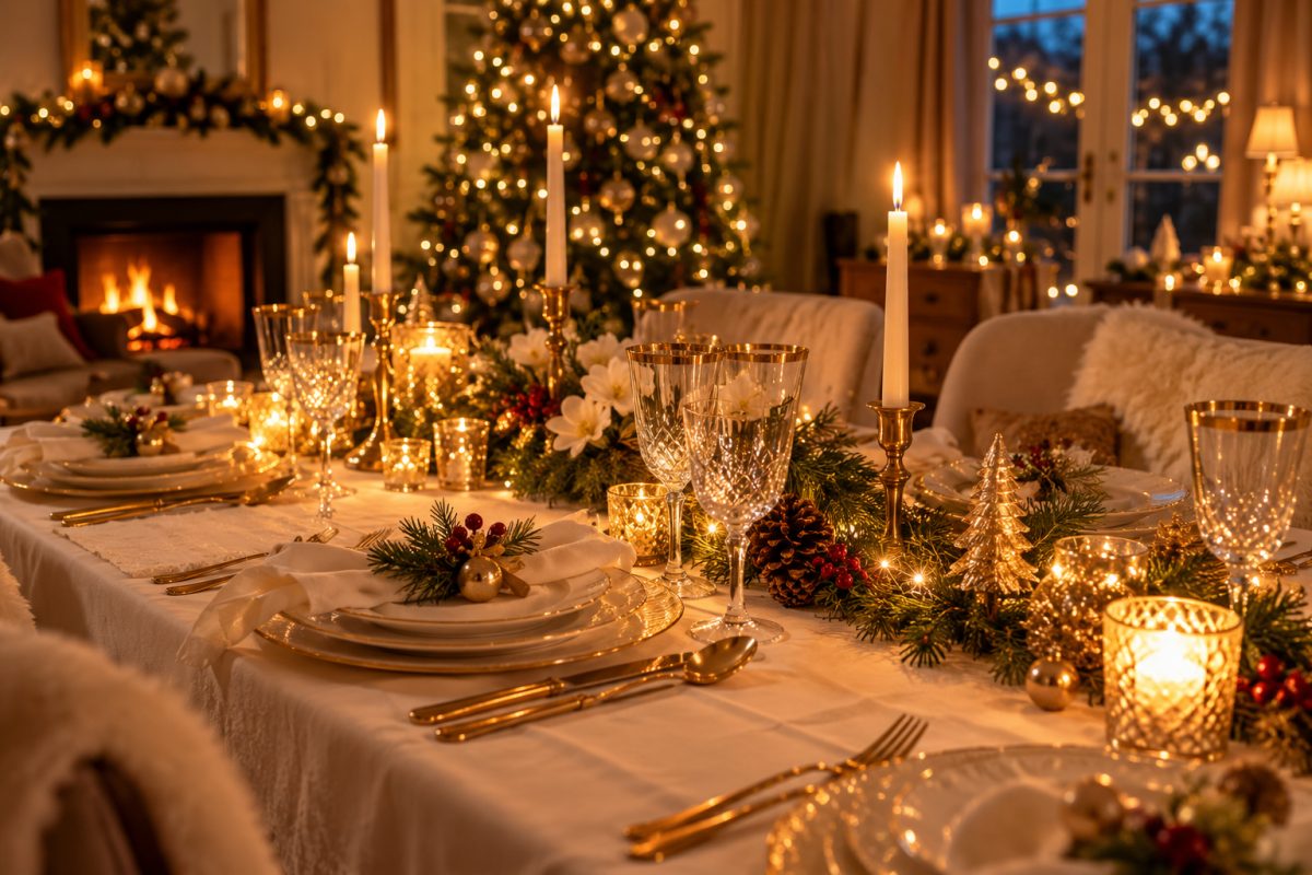 Table de Noël blanc et or à la lueur des bougies