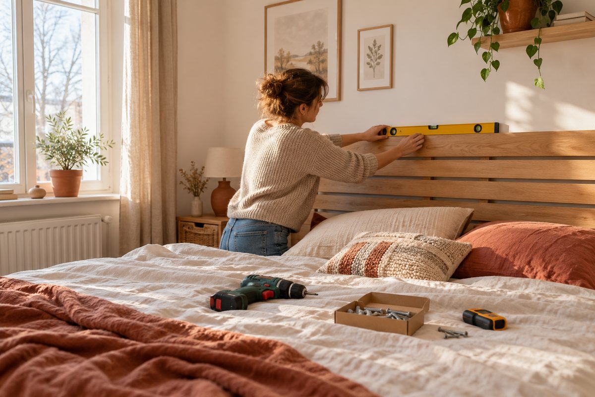 Fixer une tête de lit au mur avec un niveau et une perceuse en toute sécurité