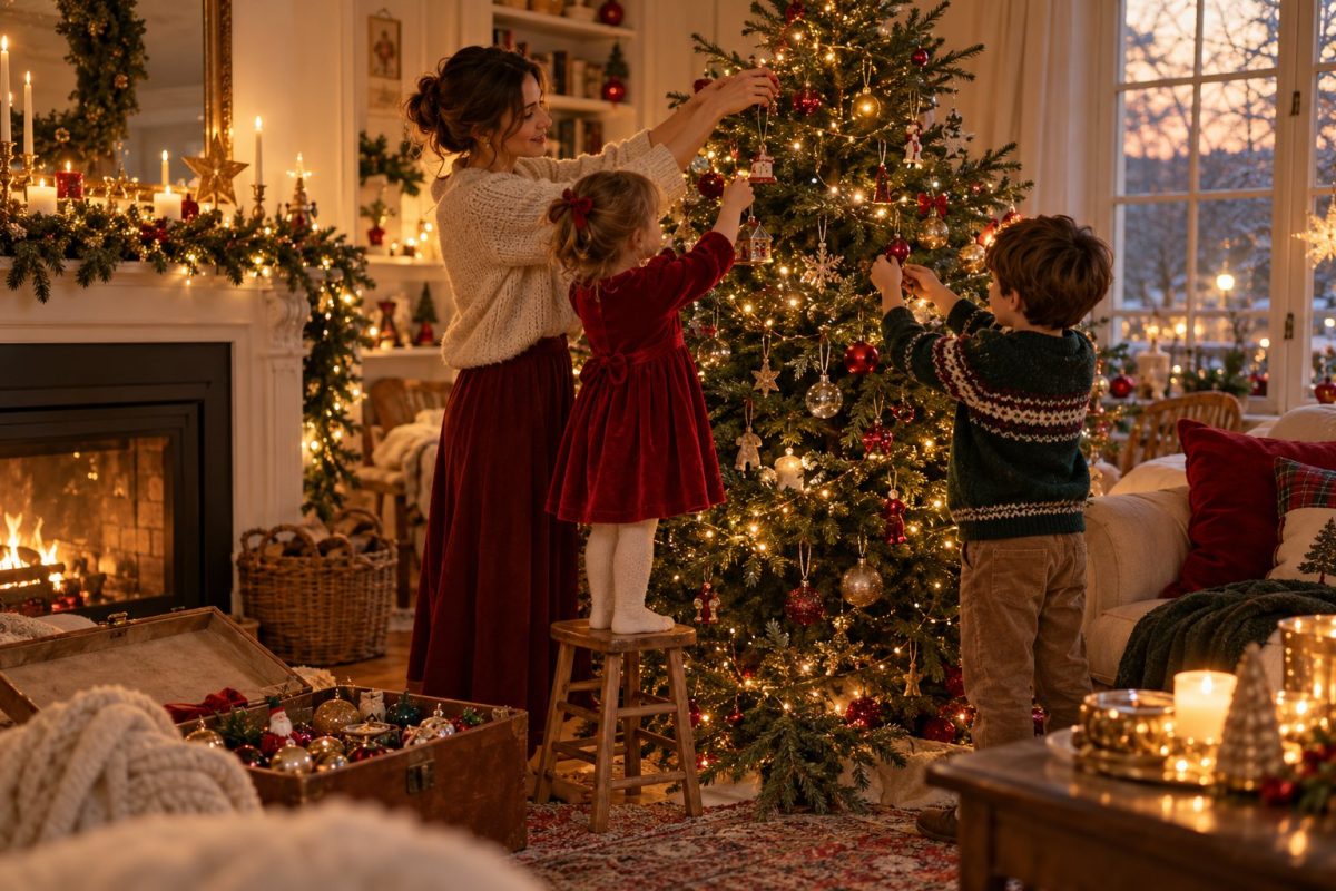 Maman et enfants qui décorent le sapin ensemble