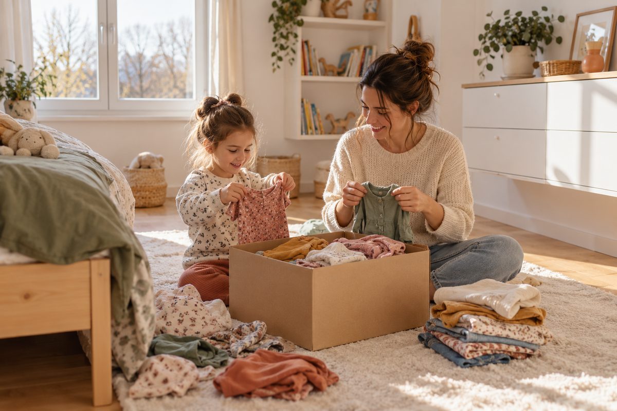 Maman et enfant qui trient les vêtements trop petits dans la chambre