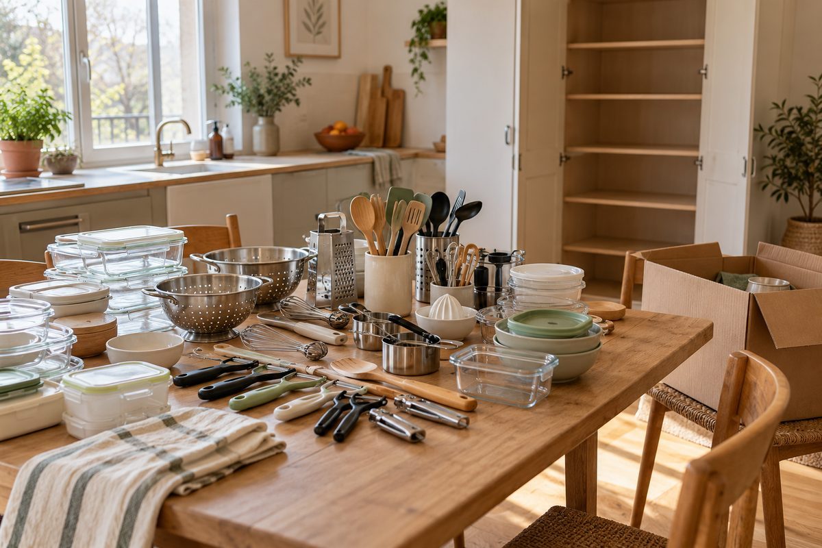 Ustensiles de cuisine regroupés par famille sur une table pour trier les doubles