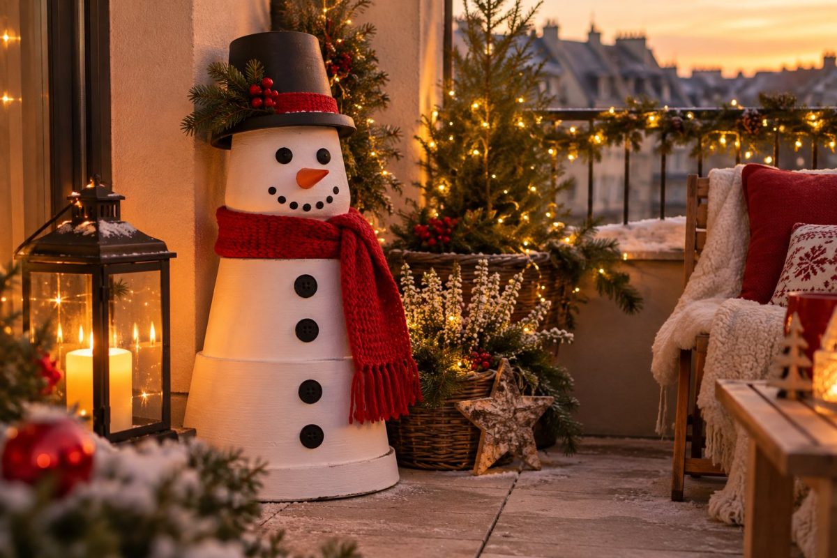 Un bonhomme de neige en pots de terre