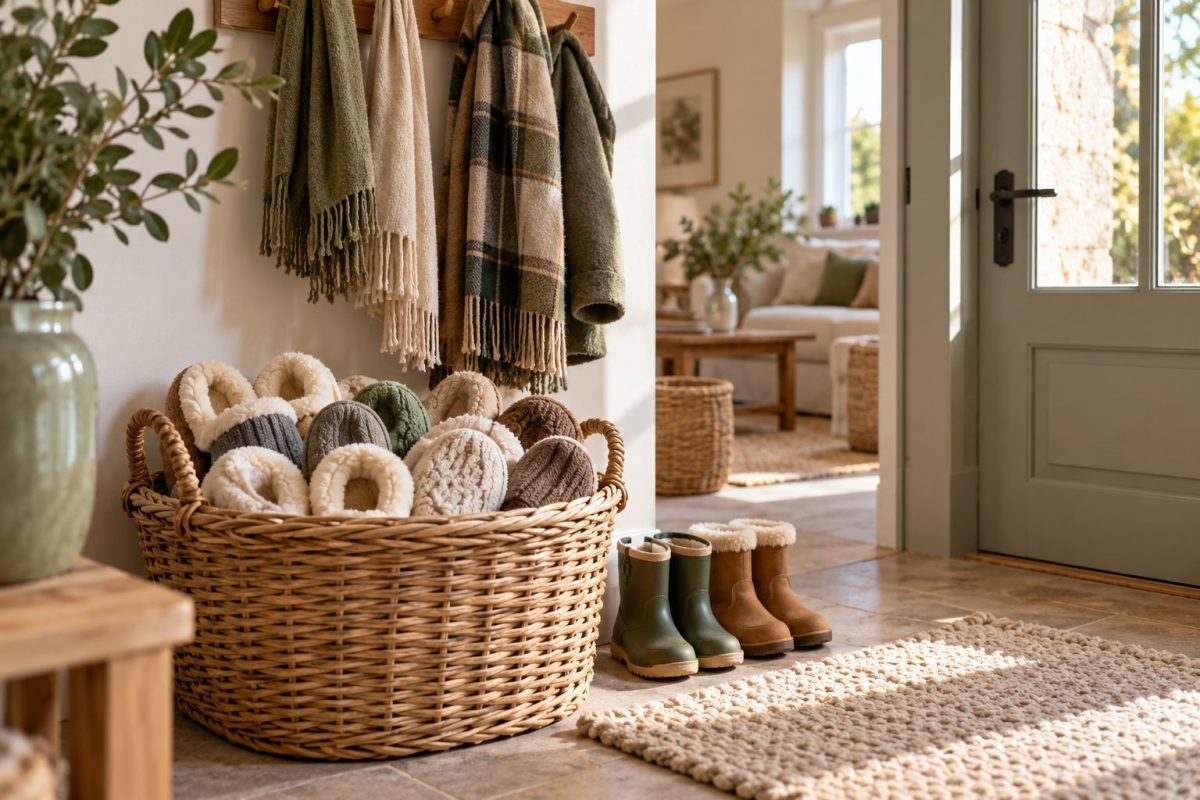 Un panier de chaussons à l'entrée