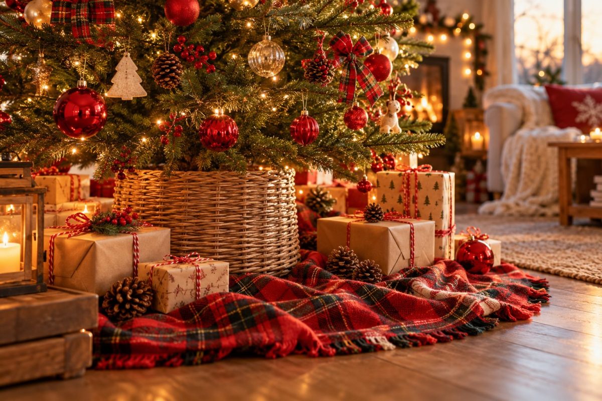 Un pied de sapin à carreaux écossais et en bois
