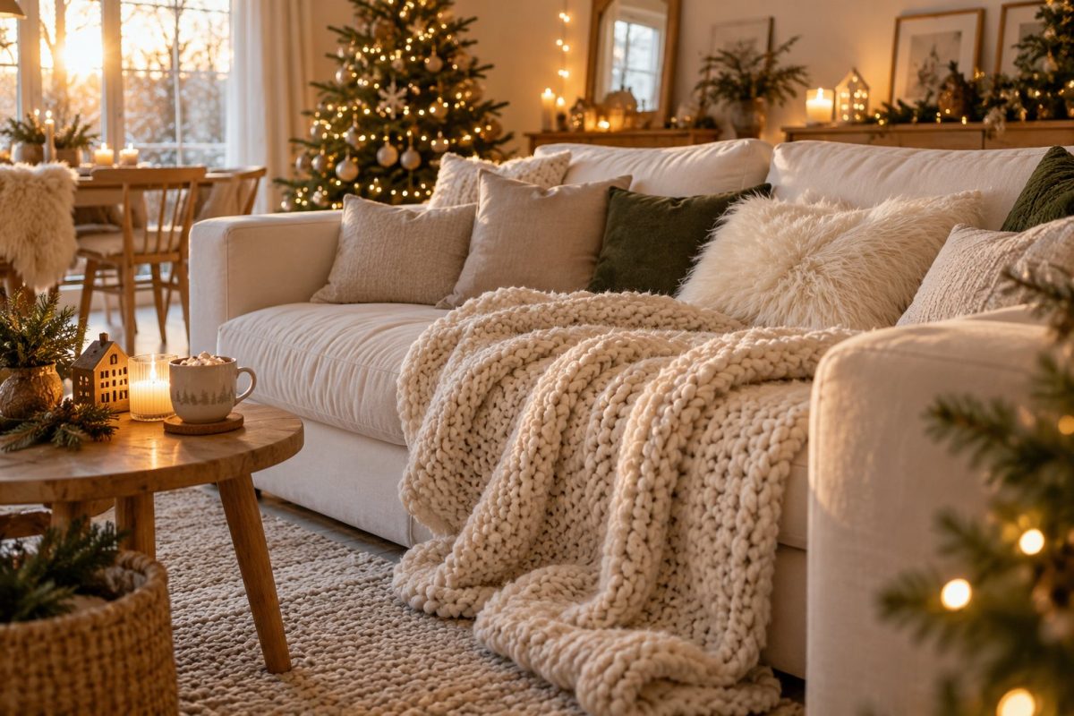 Un plaid en grosse maille et des coussins en laine