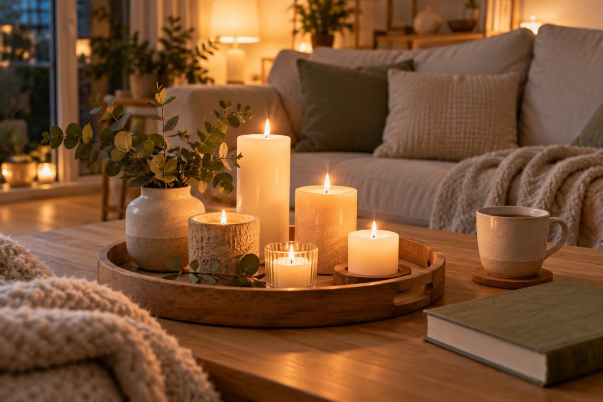 Un plateau de bougies dans le salon