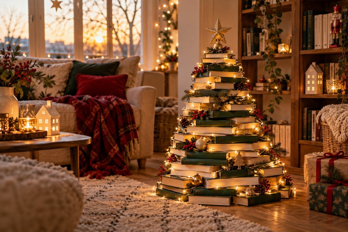 Un sapin en livres empilés