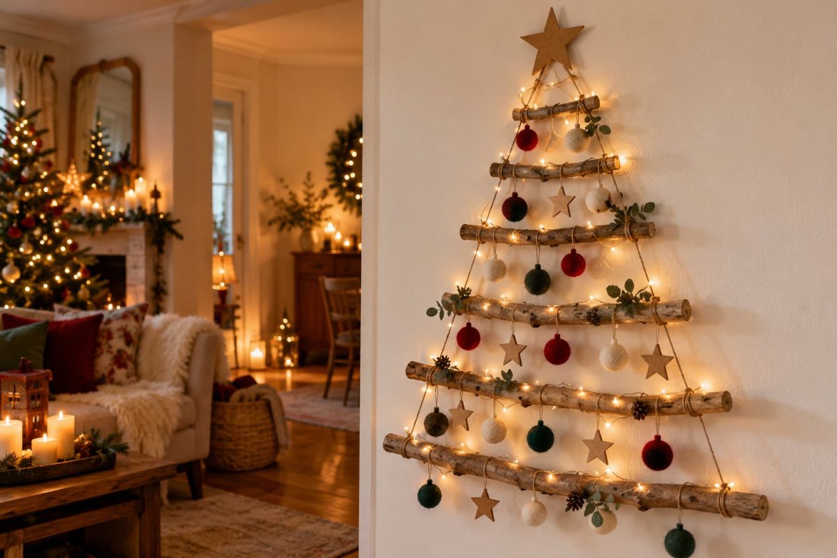 Un sapin mural en branches et ficelle