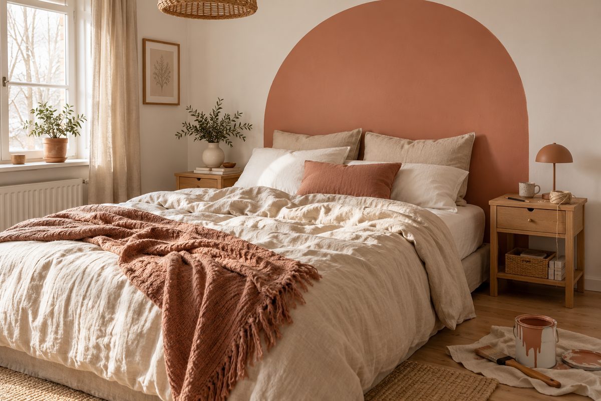 Arche peinte en terracotta au mur comme tête de lit