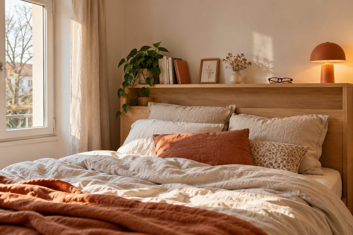 Étagère tête de lit avec livres et lampe dans une petite chambre
