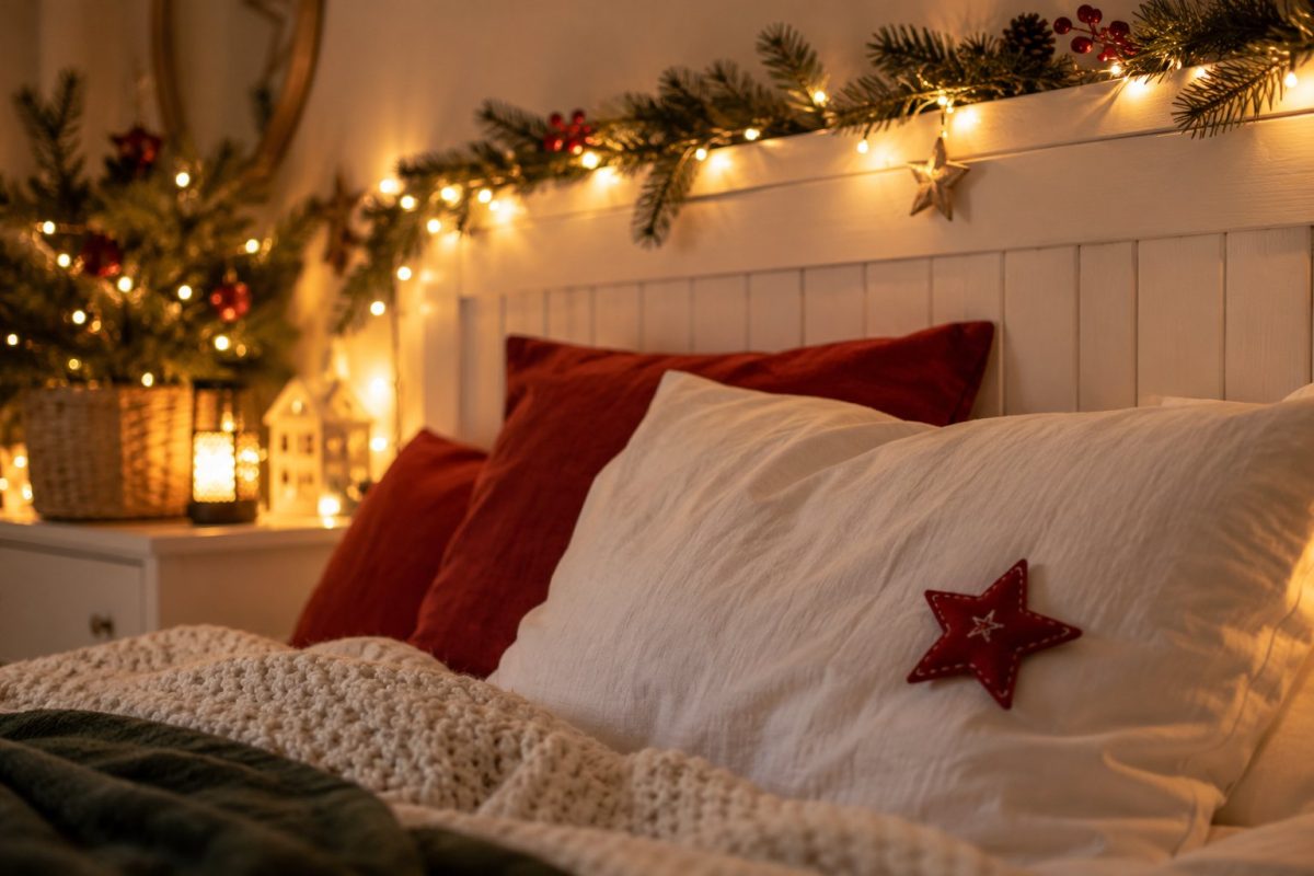 Une guirlande lumineuse à piles au-dessus du lit