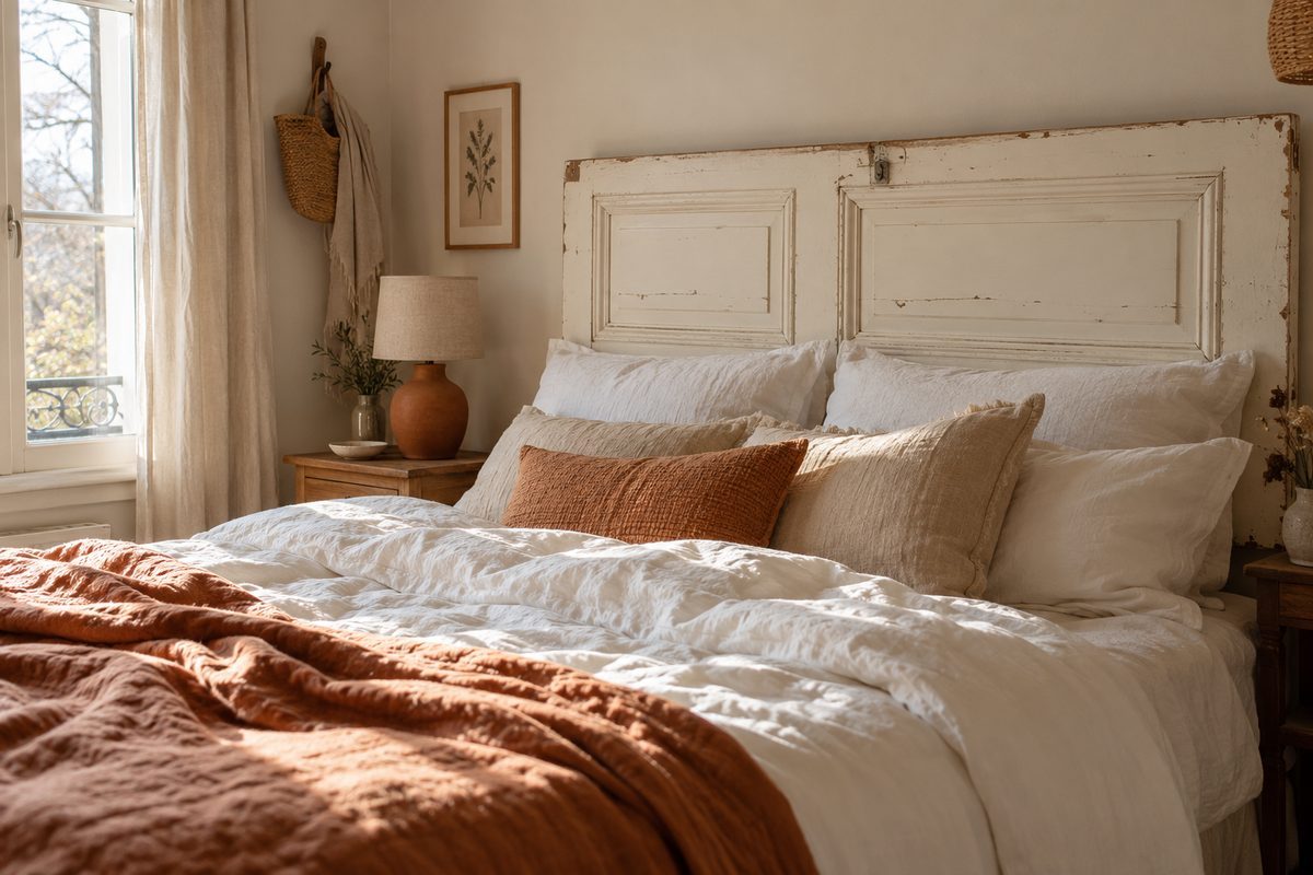 Porte ancienne récupérée transformée en tête de lit