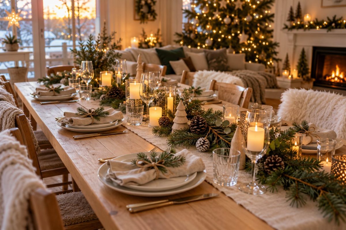 Une table de Noël en lin et vaisselle blanche